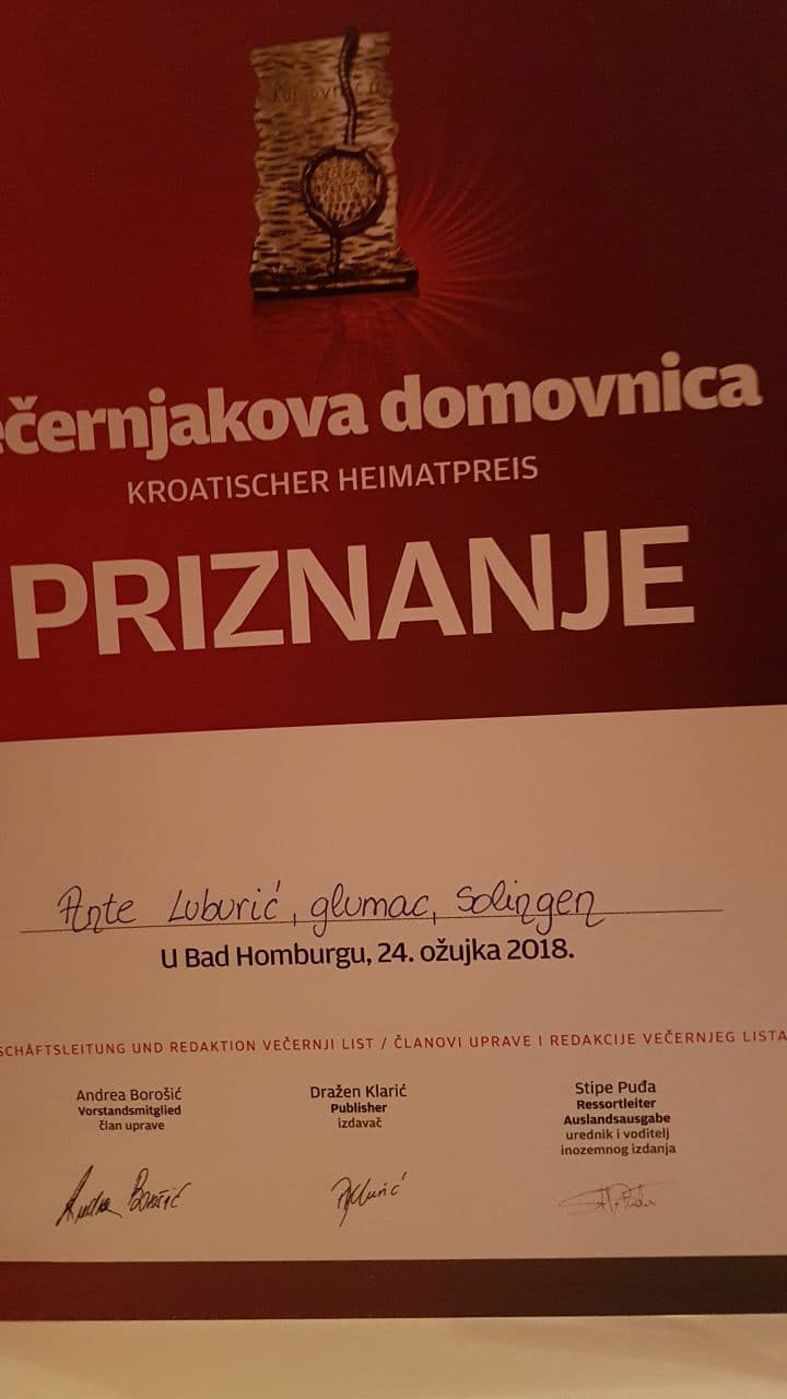 Brotnjak Ante Luburić dobitnik Večernjakove domovnice