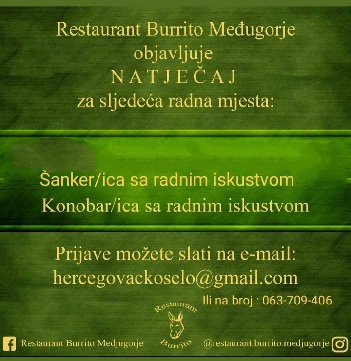 Oglas za posao – Restoran Burrito Međugorje